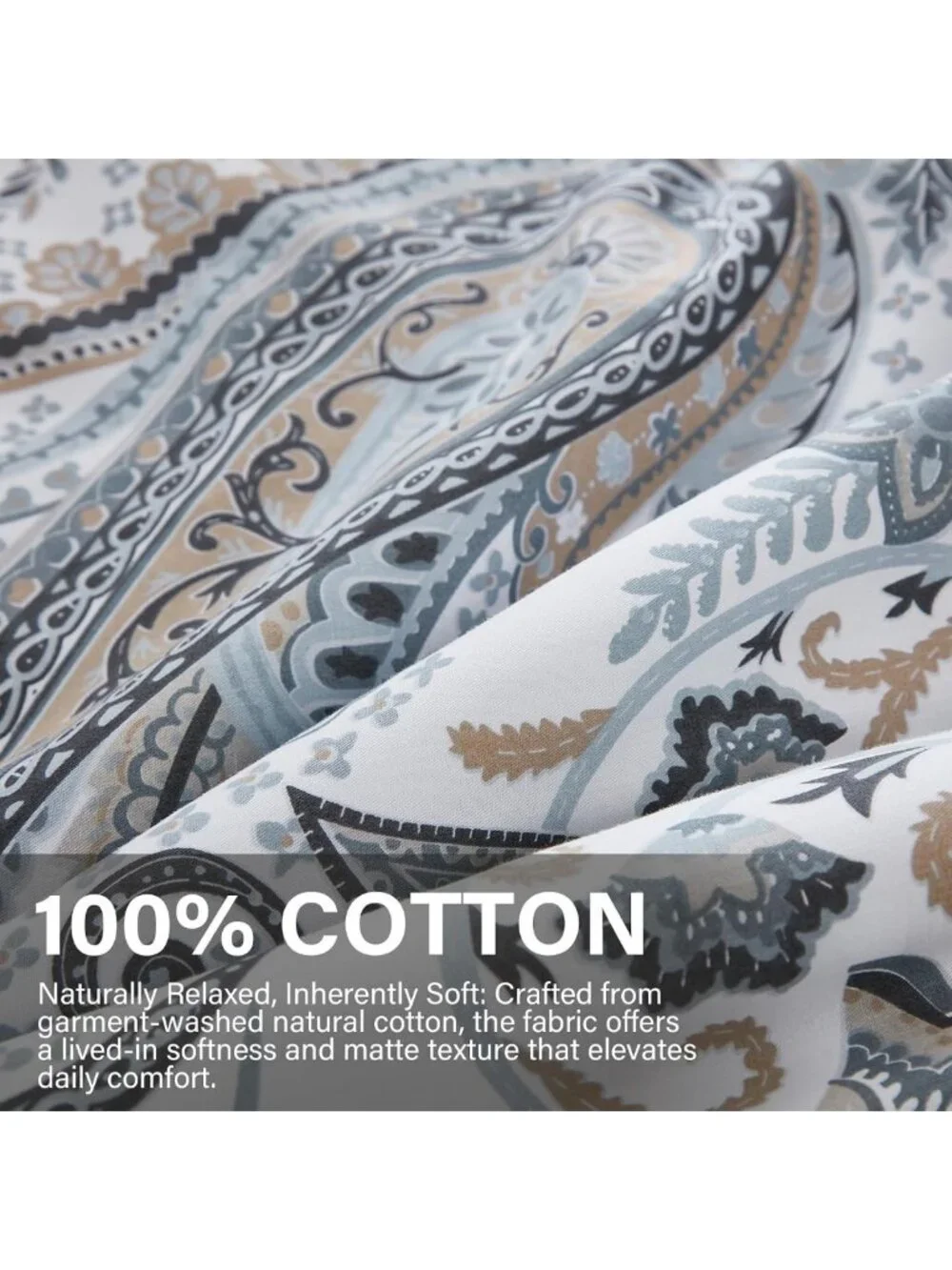 Queen Size Grey Blue Paisley Comforter Set - 3 Piece Lightweight Boho Bedding